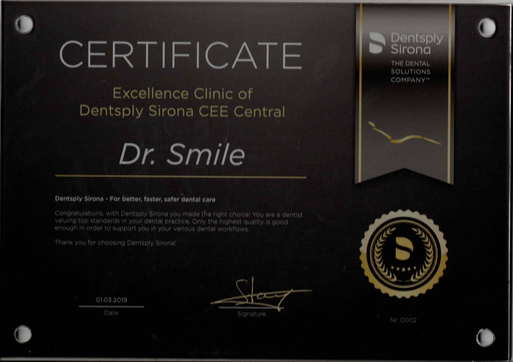 Dentsply Sirona Certificate o Excellence